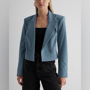 New Express Double Breasted Cropped Blazer, Blue, small